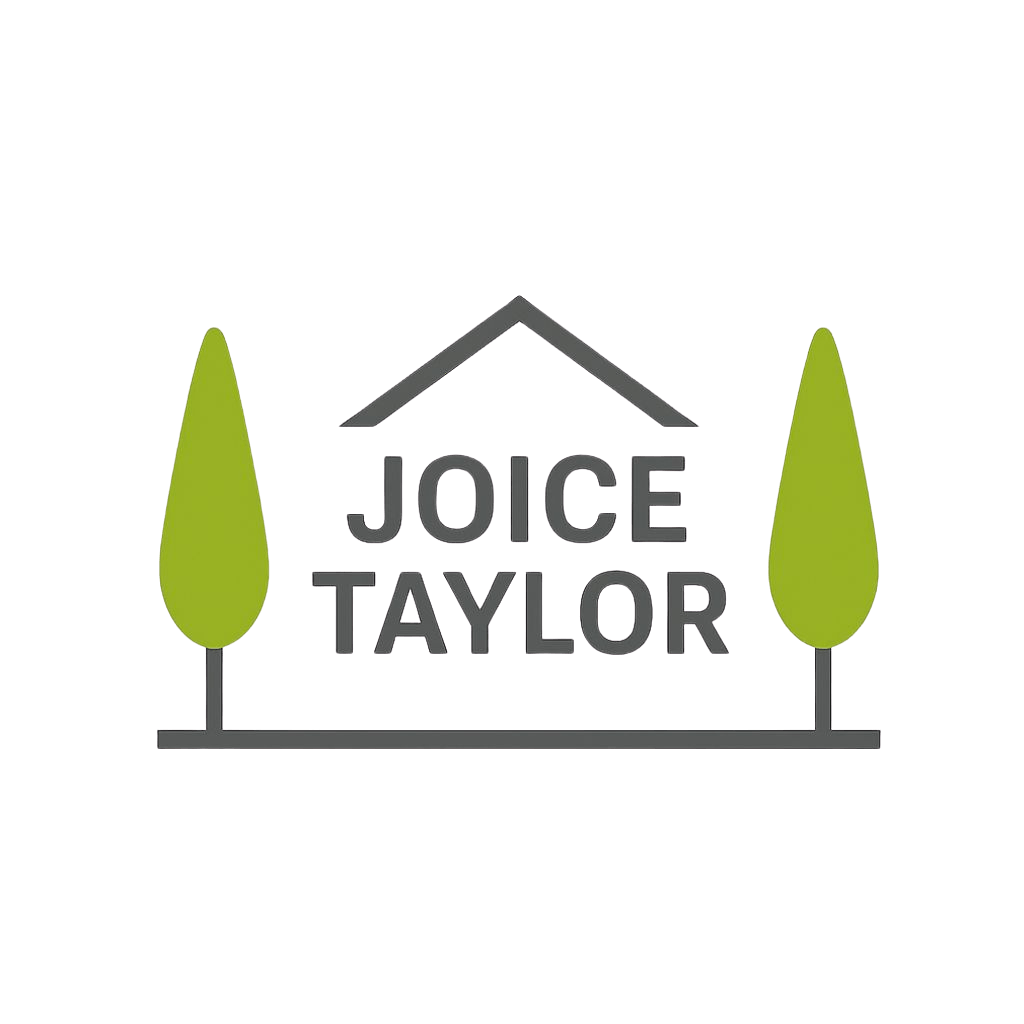 A graphic with a house, two trees, and the name "Joice Taylor" written across it.